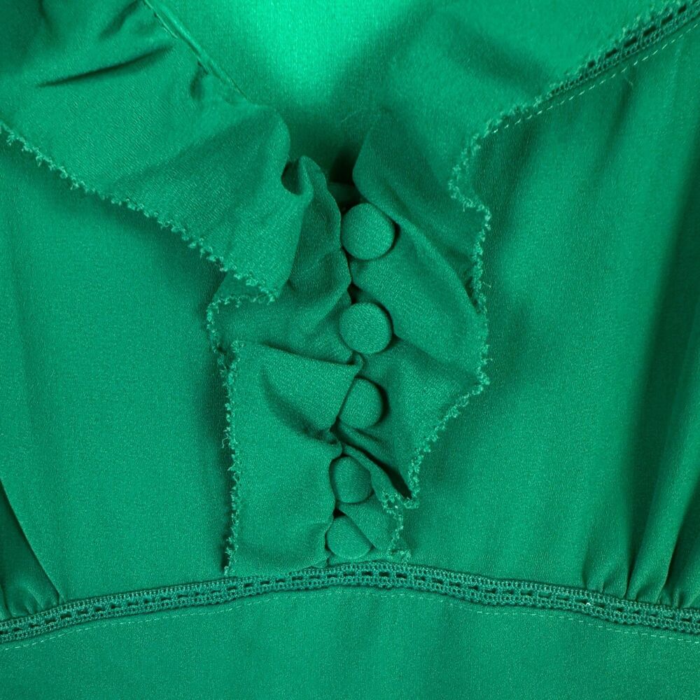 Maeve Anthropologie Pindot Della Ruffle Dress sz M in Kelly Green V Neck Retro - Picture 4 of 13